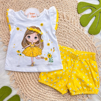Conj. Blusa Menininha com Florzinhas - Branco e Amarelo